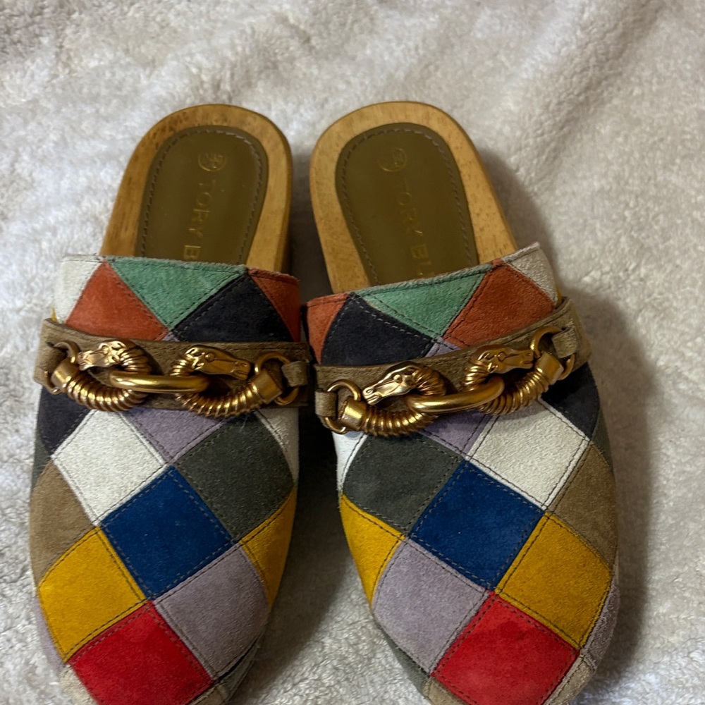 Tory Burch Multicolor Patchwork Mules With Gold D… - image 1